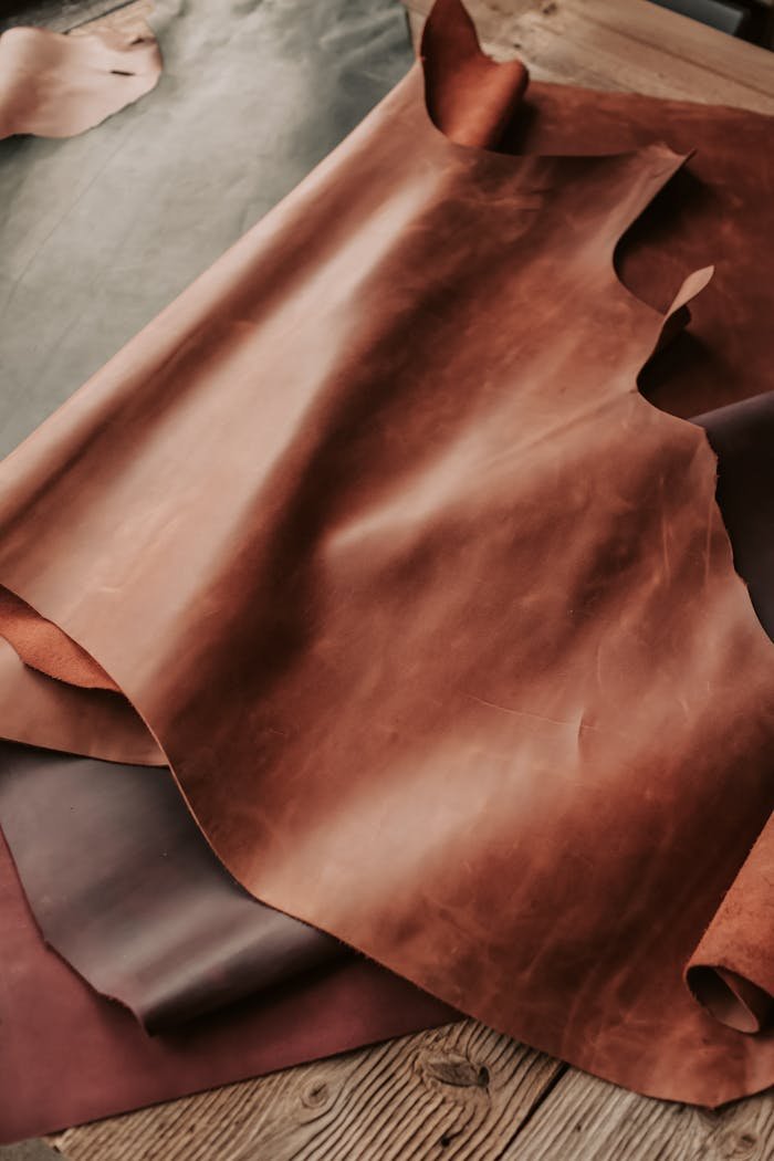 Home High-quality brown leather sheets displayed in a crafting workshop.